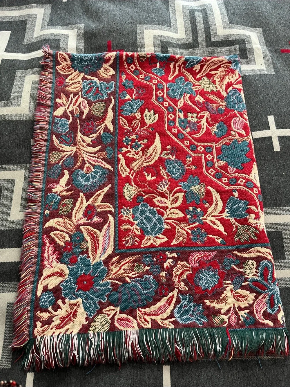 Vintage Colonial Williamsburg Red Floral Woven Throw Blanket with Teal Accents